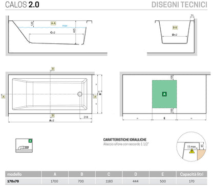 Novellini Calos 2.0 Arredo Vasca Vaschetta Bagno Rettangolare Standard da incasso misura 170x70x58 cm Capienza 170 Litri Squadrata Guscio Tradizionale Acrilico Finitura Bianco Lucido Acqua Idrorepellente Seduta Appoggio Casa Reversibile
