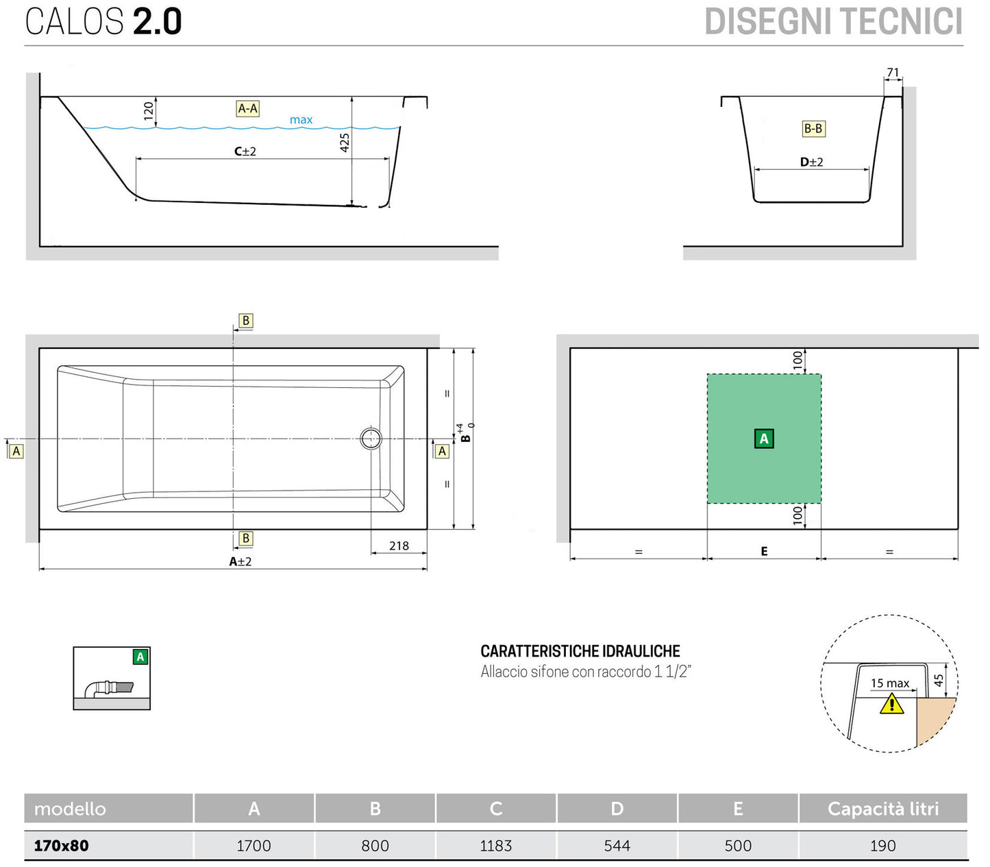 Novellini Calos 2.0 Arredo Vasca Vaschetta Bagno Standard da incasso misura 170x80x58 cm Capienza 190 Litri Rettangolare Squadrata Guscio Tradizionale Acrilico Finitura Bianco Lucido Acqua Idrorepellente Seduta Appoggio Casa Reversibile