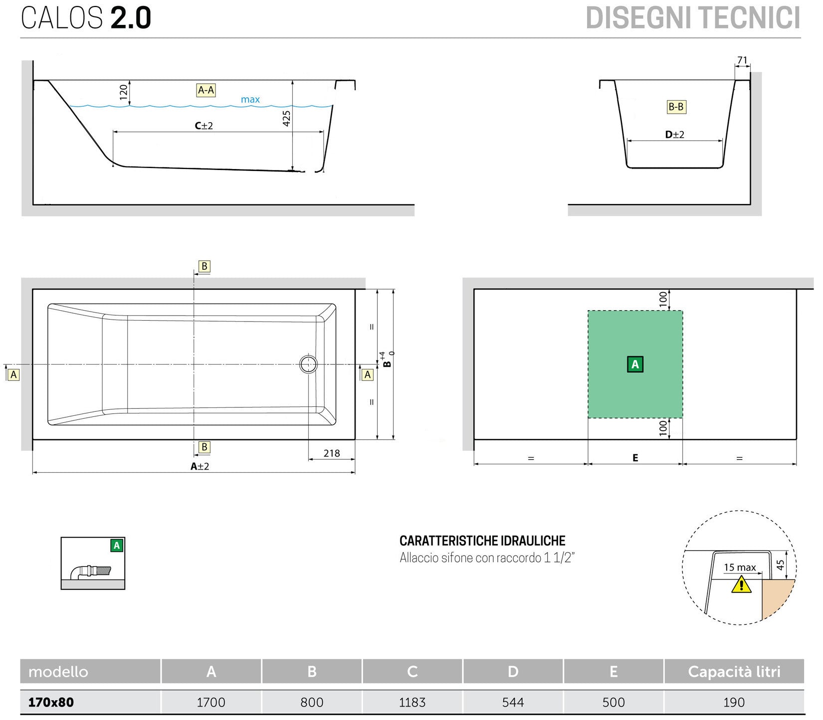 Novellini Calos 2.0 Arredo Vasca Vaschetta Bagno Standard da incasso misura 170x80x58 cm Capienza 190 Litri Rettangolare Squadrata Guscio Tradizionale Acrilico Finitura Bianco Lucido Acqua Idrorepellente Seduta Appoggio Casa Reversibile