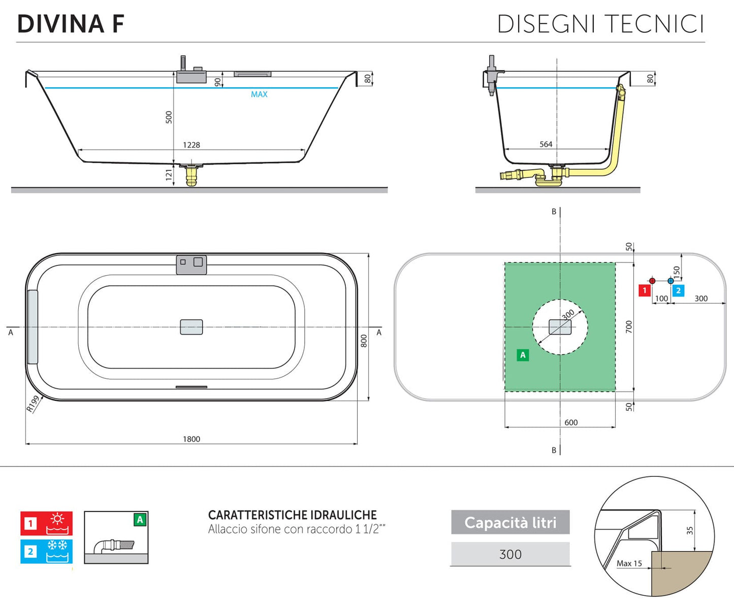 Novellini Divina F Vasca Bagno Standard Incasso Colore Finitura Bianco Lucida Rettangolare Misura 180x80 H63 cm Bordo Altezza 3,5 Arredo Centrostanza Rubinetteria Fontana Doccetta Tubo Tradizionale Incassata Guscio Acrilico Poggiatesta Colonna Click-Clack