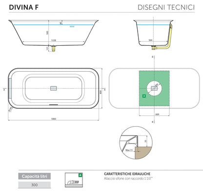 Novellini Divina F Vasca Bagno Standard Incasso Colore Finitura Bianco Lucida Rettangolare Misura Dimensioni 180x80 H63 cm Bordo Altezza 3,5cm Centro Stanza Casa Design Moderno Tradizionale Incassata Guscio Acrilico Poggiatesta Colonna Scarico Click-Clack