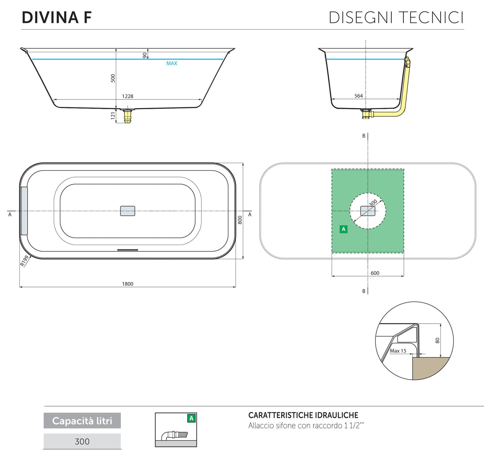 Novellini Divina F Vasca Bagno Standard Incasso Finitura Bianco Lucida Rettangolare Dimensioni 180x80 H63 cm Bordi Arrotondati Altezza 8 cm Centro Stanza Arredo Design Moderno Tradizionale Incassata Guscio Acrilico Poggiatesta Colonna Scarico Click-Clack