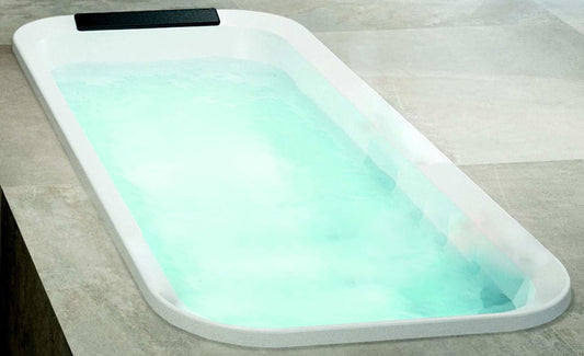Novellini Divina F Vasca Bagno Standard Incasso Finitura Bianco Lucida Rettangolare Dimensioni 180x80 H63 cm Bordi Arrotondati Altezza 8 cm Centro Stanza Arredo Design Moderno Tradizionale Incassata Guscio Acrilico Poggiatesta Colonna Scarico Click-Clack