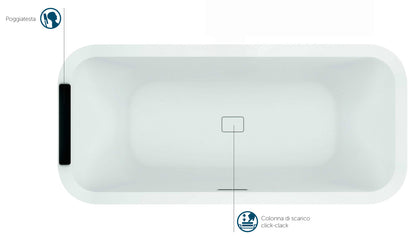 Novellini Divina F Vasca Bagno Standard Incasso Finitura Bianco Lucida Rettangolare Dimensioni 180x80 H63 cm Bordi Arrotondati Altezza 8 cm Centro Stanza Arredo Design Moderno Tradizionale Incassata Guscio Acrilico Poggiatesta Colonna Scarico Click-Clack