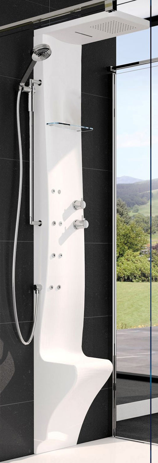 Colonna Doccia Novellini Dress Plus Idromassaggio Verticale Dorsale Attrezzata Miscelatore Termostatico Colore Bianco Lucido Ripiano Porta Oggetti Doccetta Mano Cascata Soffione Pioggia 20x20 cm Seduta Installabile Parete Misura 28x55xH213 cm