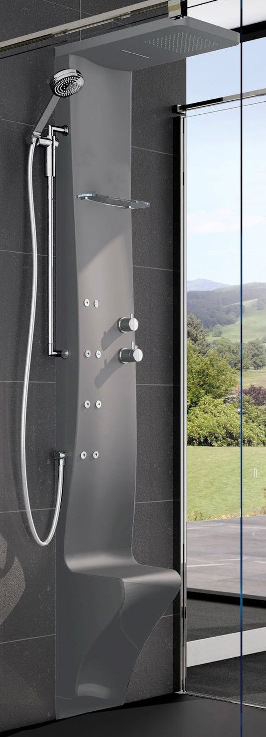 Colonna Doccia Novellini Dress Plus Idromassaggio Verticale Dorsale Attrezzata Miscelatore Meccanico Colore Grigio Ripiano Porta Oggetti Doccetta Mano Cascata Soffione Pioggia 20x20 cm Seduta Installabile Parete Misura 28x55xH213 cm 