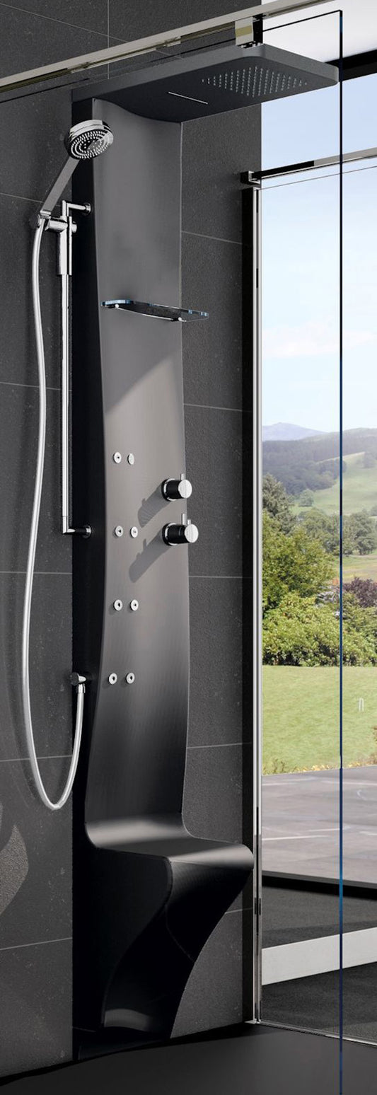 Colonna Doccia Novellini Dress Plus Idromassaggio Verticale Dorsale Attrezzata Miscelatore Termostatico Colore Nero Ripiano Porta Oggetti Doccetta Mano Cascata Soffione Pioggia 20x20 cm Seduta Installabile Parete Misura 28x55xH213 cm