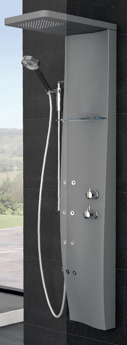 Colonna Doccia Novellini Dress S Idromassaggio Verticale Dorsale Attrezzata Miscelatore Meccanico Colore Grigio Ripiano Porta Oggetti Doccetta Mano Cascata Soffione Pioggia 20x20 cm Installabile Parete Misura 28x55xH158 cm