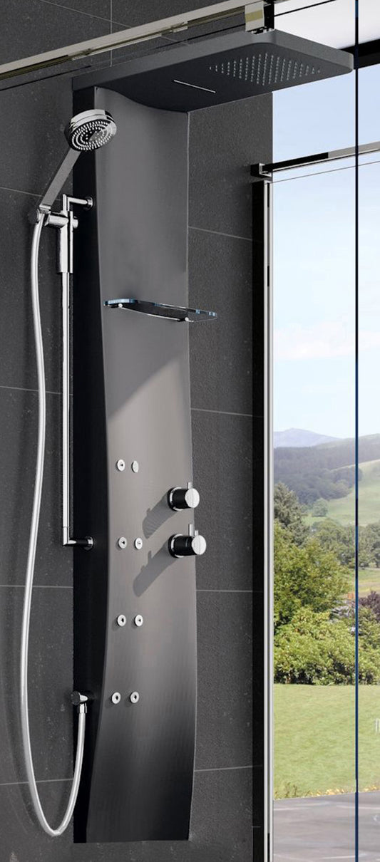 Colonna Doccia Novellini Dress S Idromassaggio Verticale Dorsale Attrezzata Miscelatore Meccanico Colore Nero Ripiano Porta Oggetti Doccetta Mano Cascata Soffione Pioggia 20x20 cm Installabile Parete Misura 28x55xH158 cm