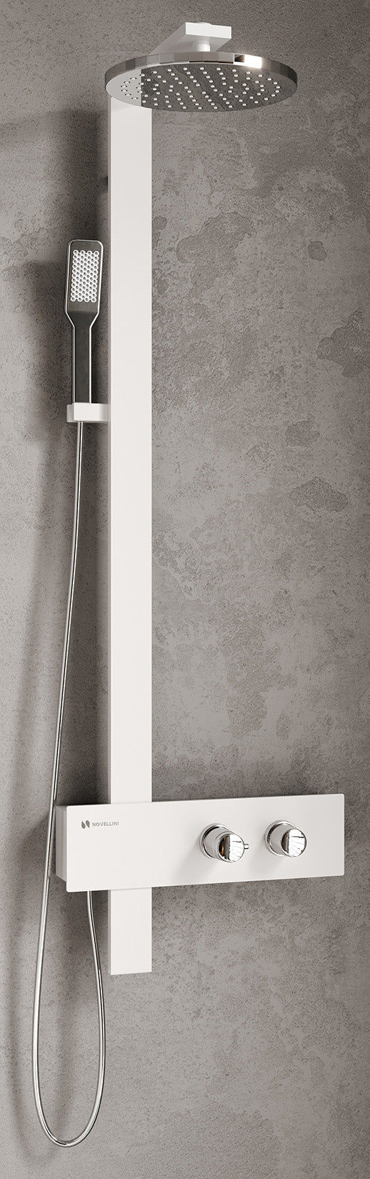 Novellini F Colonna Doccia Attrezzata Multifunzione Per Bagno Installazione a Parete Miscelatore Termostatico Ripiano Porta Oggetti Colore Bianco Opaco Rubinetteria Soffione Pioggia Diametro Ø 300 mm Doccetta a Mano Finitura Cromo Misura 42x8,4x125 cm