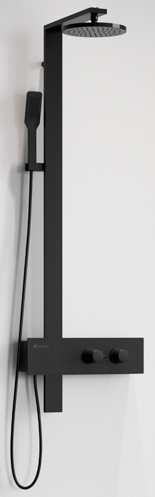 Novellini F Colonna Doccia Attrezzata Multifunzione Per Bagno Colore Finitura Nero Opaco Installazione a Parete Miscelatore Termostatico Ripiano Porta Oggetti Soffione Pioggia Rotondo Diametro Ø 300 mm Doccetta a Mano Con Flessibile Misura 42x8,4x125 cm