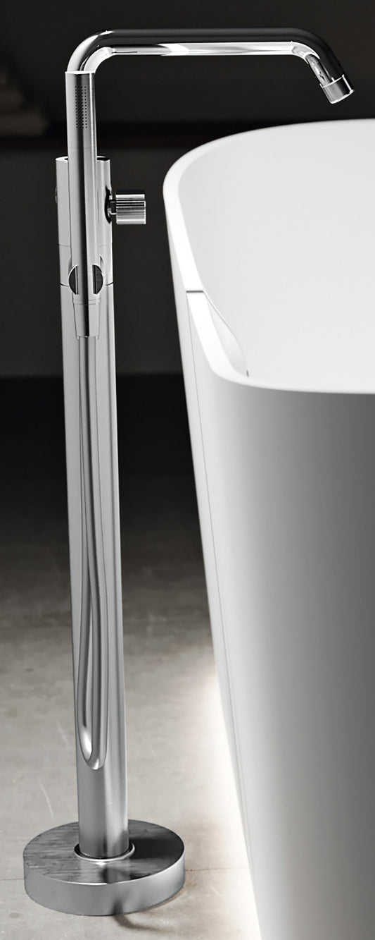 Novellini Fly 3 Miscelatore Piantana Per Vasca Da Terra a Pavimento Meccanico Monoforo Con Piastra Materiale Ottone Finitura Cromata 1 Leva Con Deviatore Stile Moderno Doccetta Flessibile Parte Incasso Esterna Incluse