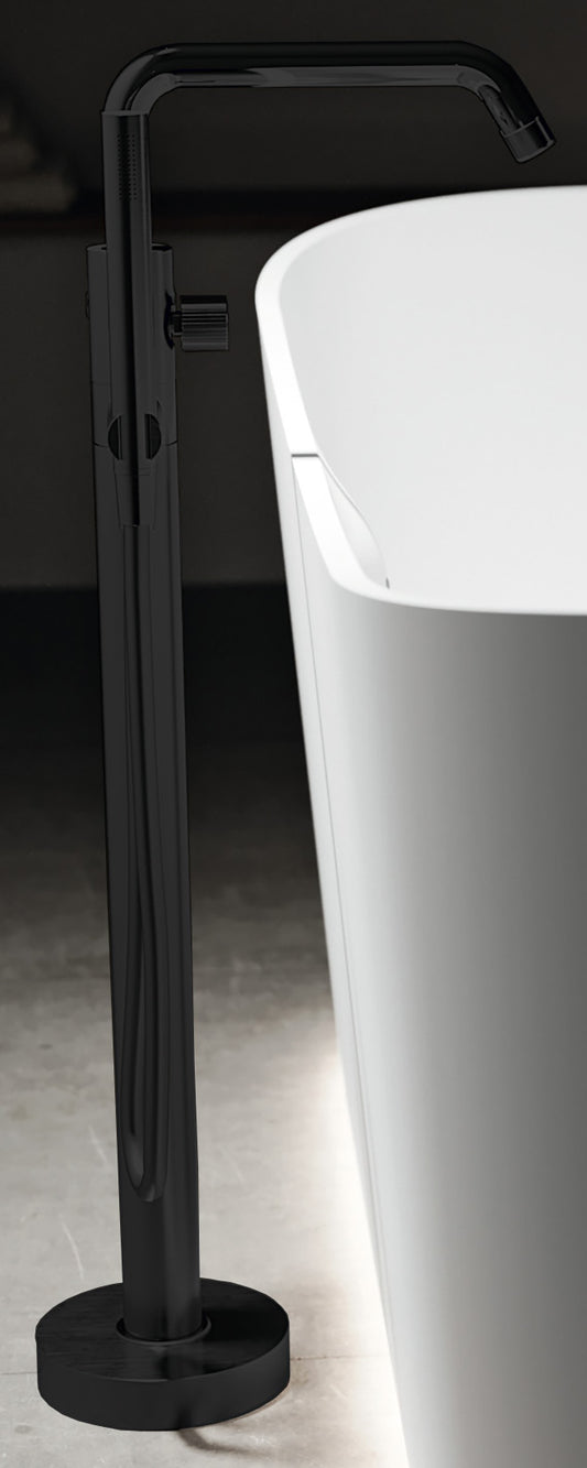 Novellini Fly 3 Miscelatore Piantana Per Vasca Da Terra a Pavimento Meccanico Monoforo Con Piastra Materiale Ottone Finitura Nero Opaco 1 Leva Con Deviatore Stile Moderno Doccetta Flessibile Parte Incasso Esterna Incluse