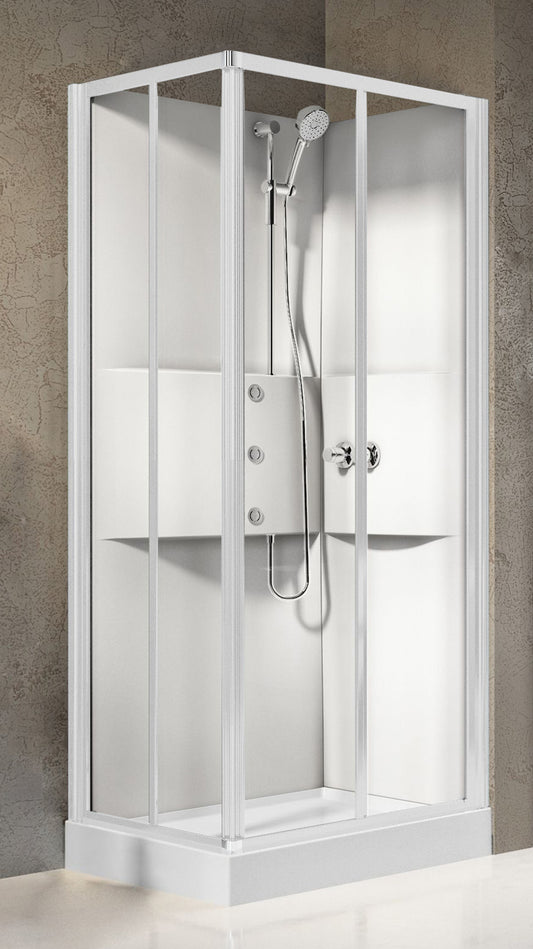 Novellini Media 2.0 A Idromassaggio 100x70 cm Cabina Doccia Multifunzione Asimmetrica Rettangolare Apertura 2 Ante Scorrevoli 2 Fisse Installazione Angolo Reversibile Miscelatore Termostatico Vetro Trasparente Profilo Bianco Piatto Ripiani Idro Alto 210cm