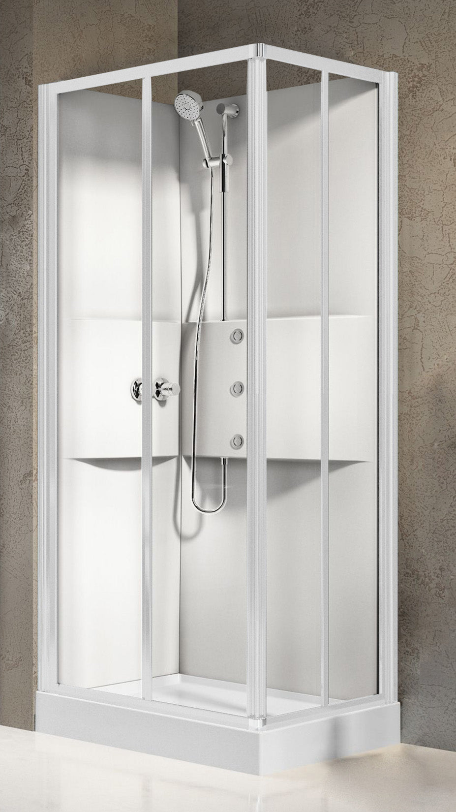 Novellini Media 2.0 A Idromassaggio 100x70 cm Cabina Doccia Multifunzione Asimmetrica Rettangolare Apertura 2 Ante Scorrevoli 2 Fisse Installazione Angolo Reversibile Miscelatore Termostatico Vetro Trasparente Profilo Bianco Piatto Ripiani Idro Alto 210cm