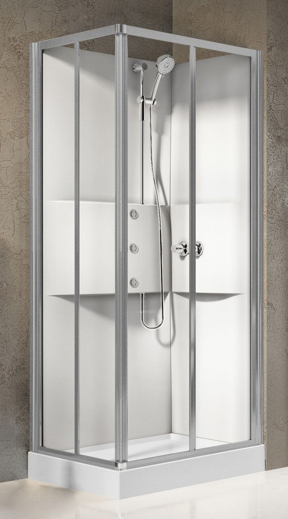 Novellini Media 2.0 A Idromassaggio 100x70 cm Cabina Doccia Multifunzione Asimmetrica Rettangolare Apertura 2 Ante Scorrevoli 2 Fisse Installazione Angolo Reversibile Miscelatore Termostatico Vetro Trasparente Profilo Silver Piatto Ripiani Idro Alto 210cm