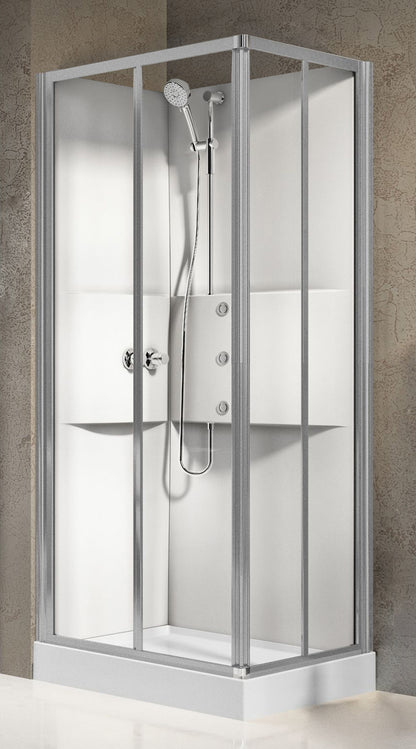 Novellini Media 2.0 A Idromassaggio 100x70 cm Cabina Doccia Multifunzione Asimmetrica Rettangolare Apertura 2 Ante Scorrevoli 2 Fisse Installazione Angolo Reversibile Miscelatore Termostatico Vetro Trasparente Profilo Silver Piatto Ripiani Idro Alto 210cm
