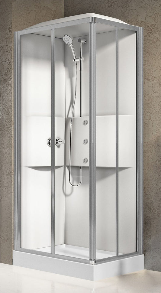 Novellini Media 2.0 A Idromassaggio Con Tettuccio e Soffione 100x80cm Cabina Doccia Multifunzione Asimmetrica Rettangolare Apertura 2 Ante Scorrevoli 2 Fisse Montaggio Angolo Reversibile Miscelatore Termostatico Vetro Trasparente Profilo Silver Alto 226cm