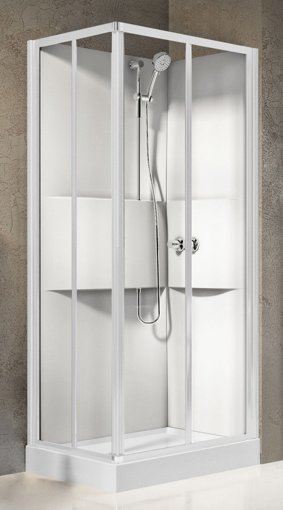 Novellini Media 2.0 A Standard 100x80 cm Cabina Doccia Multifunzione Asimmetrica Rettangolare Apertura 2 Ante Scorrevoli 2 Fisse Installazione Angolo Reversibile Miscelatore Termostatico Vetro Trasparente Profilo Bianco Piatto Ripiani Doccetta Alto 210 cm