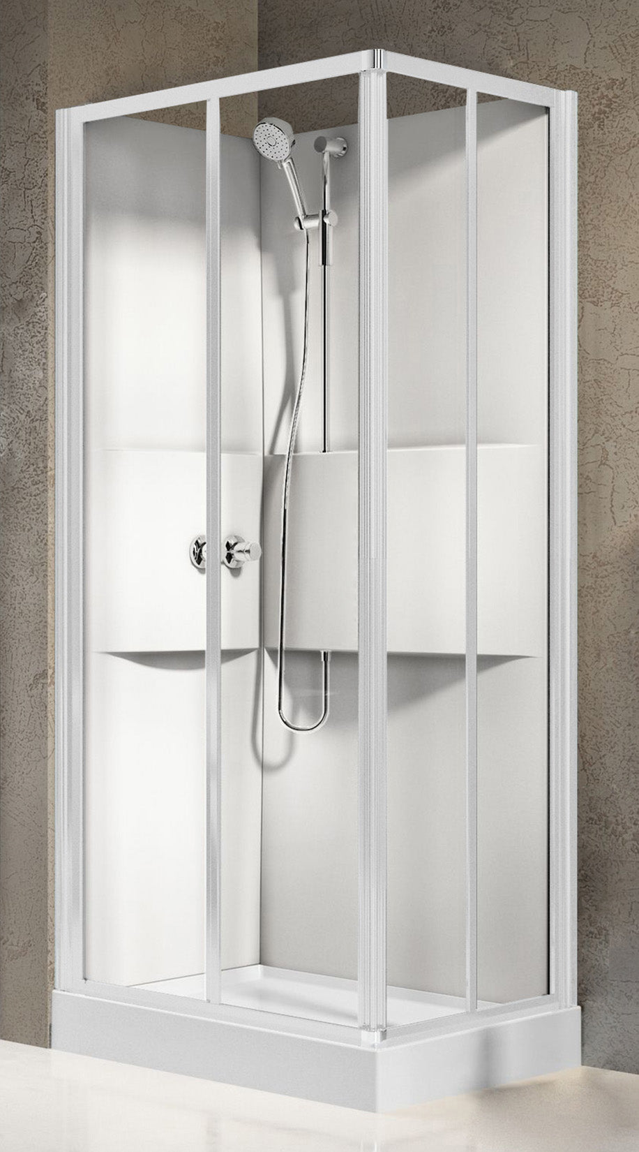 Novellini Media 2.0 A Standard 100x80 cm Cabina Doccia Multifunzione Asimmetrica Rettangolare Apertura 2 Ante Scorrevoli 2 Fisse Installazione Angolo Reversibile Miscelatore Meccanico Vetro Trasparente Profilo Bianco Piatto Ripiani Doccetta Altezza 210 cm