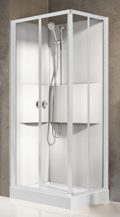 Novellini Media 2.0 A Standard 100x80 cm Cabina Doccia Multifunzione Asimmetrica Rettangolare Apertura 2 Ante Scorrevoli 2 Fisse Installazione Angolo Reversibile Miscelatore Meccanico Vetro Trasparente Profilo Bianco Piatto Ripiani Doccetta Altezza 210 cm