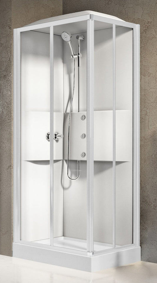 Novellini Media 2.0 A Idromassaggio Con Tettuccio e Soffione 90x70 cm Cabina Doccia Multifunzione Asimmetrica Rettangolare Apertura 2 Ante Scorrevoli 2 Fisse Montaggio Angolo Reversibile Miscelatore Meccanico Vetro Trasparente Profilo Bianco Altezza 226cm