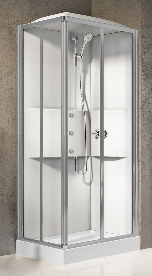 Novellini Media 2.0 A Idromassaggio Con Tettuccio e Soffione 90x70 cm Cabina Doccia Multifunzione Asimmetrica Rettangolare Apertura 2 Ante Scorrevoli 2 Fisse Montaggio Angolo Reversibile Miscelatore Meccanico Vetro Trasparente Profilo Silver Altezza 226cm