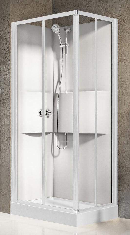 Novellini Media 2.0 A Standard 90x70 cm Cabina Doccia Multifunzione Asimmetrica Rettangolare Apertura 2 Ante Scorrevoli e 2 Fisse Installazione Angolo Reversibile Miscelatore Meccanico Vetro Trasparente Profilo Bianco Piatto Ripiani Doccetta Altezza 210cm