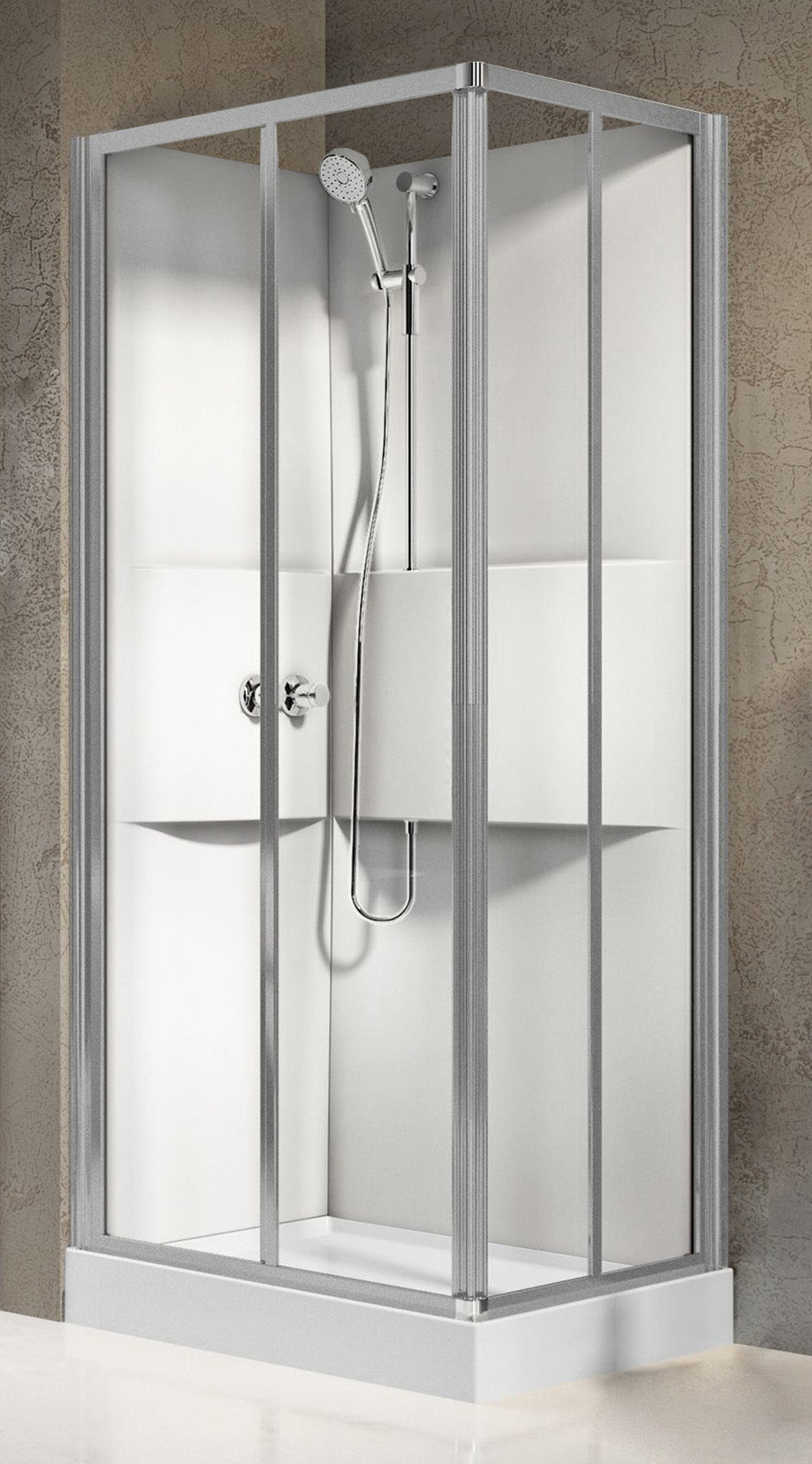 Novellini Media 2.0 A Standard 90x70 cm Cabina Doccia Multifunzione Asimmetrica Rettangolare Apertura 2 Ante Scorrevoli e 2 Fisse Installazione Angolo Reversibile Miscelatore Meccanico Vetro Trasparente Profilo Silver Piatto Ripiani Doccetta Altezza 210cm