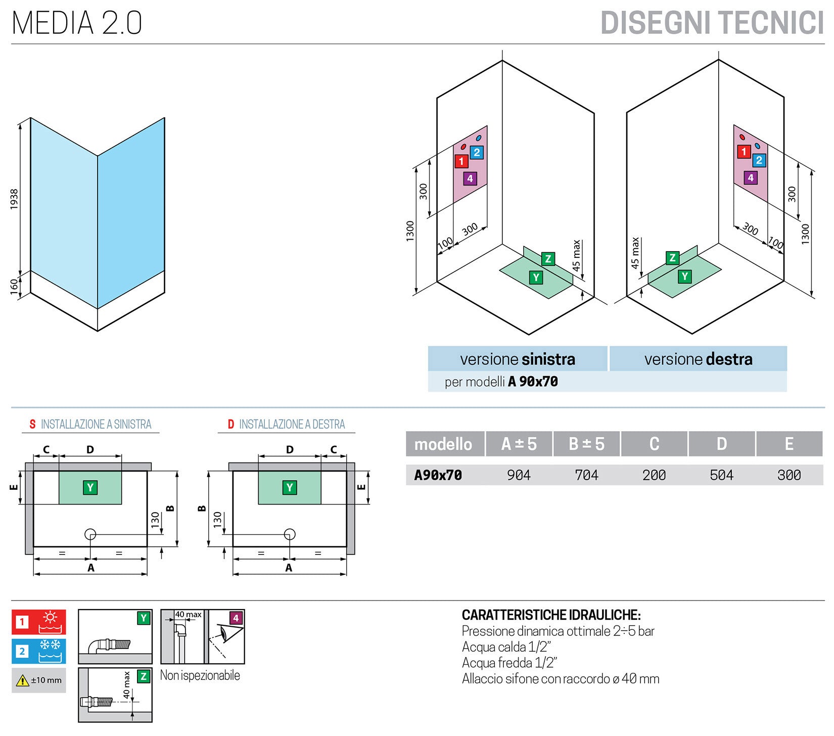 Novellini Media 2.0 A Idromassaggio 90x70 cm Cabina Doccia Multifunzione Asimmetrica Rettangolare Apertura 2 Ante Scorrevoli 2 Fisse Installazione Angolo Reversibile Miscelatore Termostatico Vetro Trasparente Profilo Bianco Piatto Ripiani Idro Alto 210 cm
