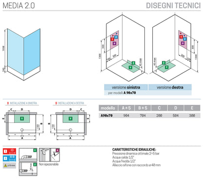 Novellini Media 2.0 A Idromassaggio 90x70 cm Cabina Doccia Multifunzione Asimmetrica Rettangolare Apertura 2 Ante Scorrevoli 2 Fisse Installazione Angolo Reversibile Miscelatore Termostatico Vetro Trasparente Profilo Bianco Piatto Ripiani Idro Alto 210 cm