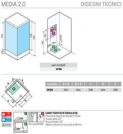 Novellini Media 2.0 GF Idromassaggio Con Tettuccio e Soffione 80x80 cm Cabina Doccia Multifunzione Simmetrica Apertura 1 Anta Battente Con Fisso Laterale Montaggio Angolo Sinistro Destro Miscelatore Termostatico Vetro Trasparente Profilo Bianco Alto 226cm