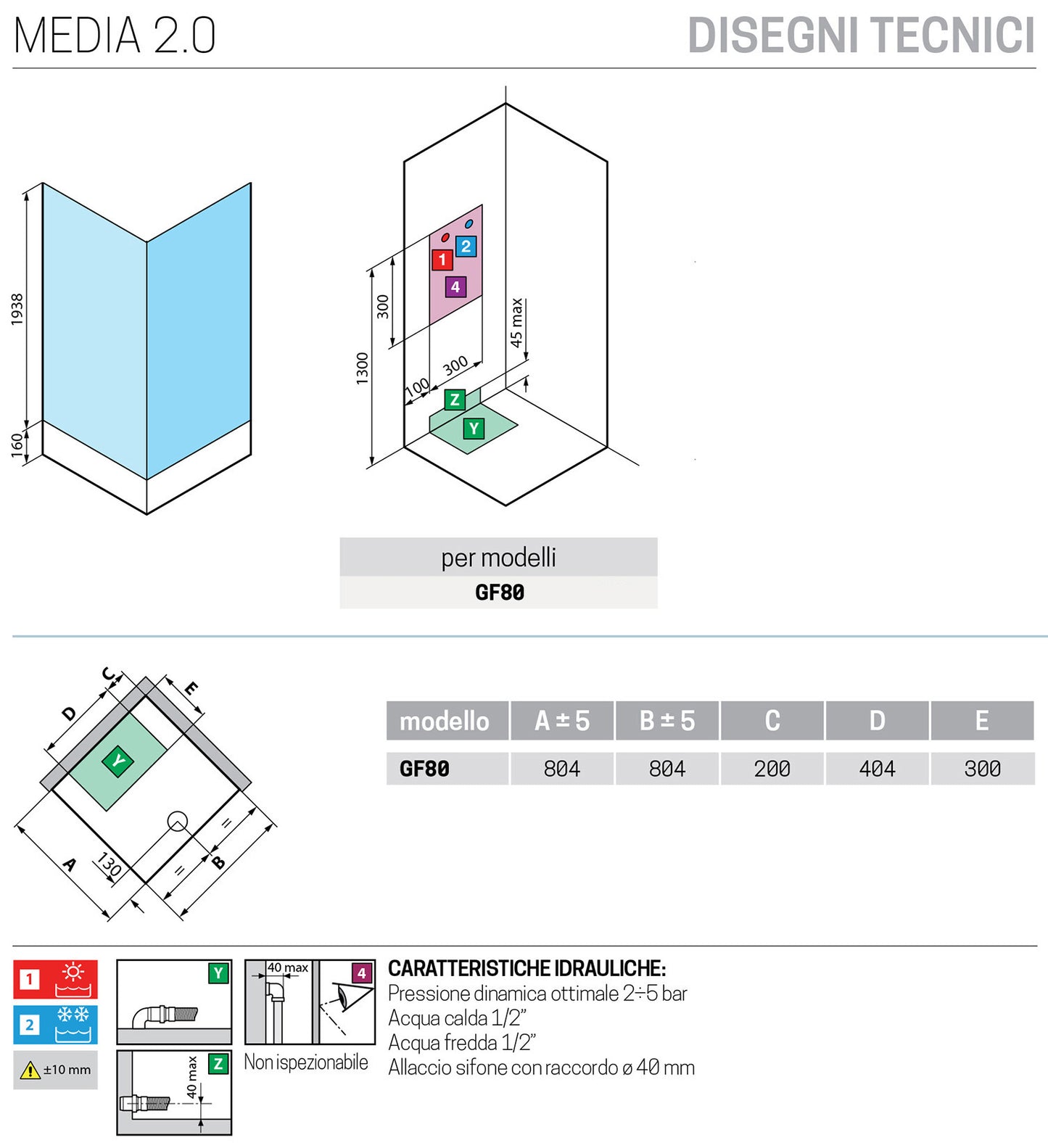 Novellini Media 2.0 GF Standard 80x80 cm Cabina Doccia Multifunzione Simmetrica Apertura 1 Anta Battente Con 1 Fisso Laterale Installazione Angolo Destro Sinistro Miscelatore Meccanico Vetro Trasparente Profilo Silver Piatto Ripiani Doccetta Altezza 210cm
