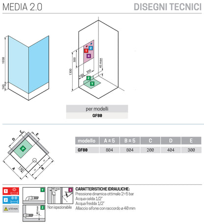 Novellini Media 2.0 GF Standard 80x80 cm Cabina Doccia Multifunzione Simmetrica Apertura 1 Anta Battente Con 1 Fisso Laterale Installazione Angolo Destro Sinistro Miscelatore Termostatico Vetro Trasparente Profilo Bianco Piatto Ripiani Doccetta Alto 210cm