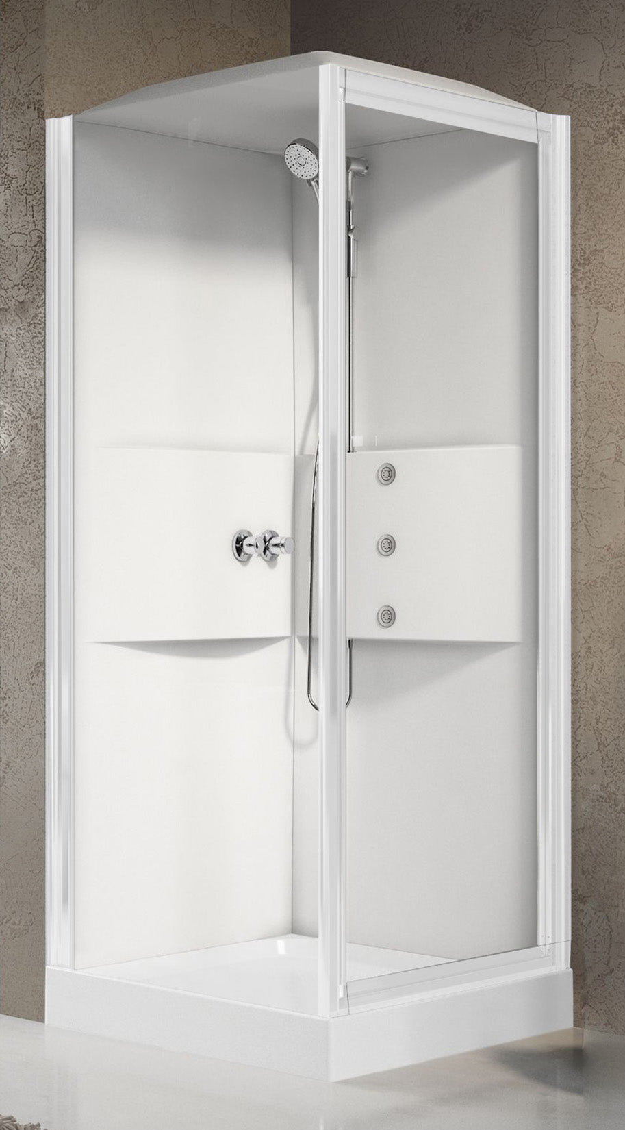 Novellini Media 2.0 GF Idromassaggio Con Tettuccio e Soffione 80x80 cm Cabina Doccia Multifunzione Simmetrica Apertura 1 Anta Battente Con Fisso Laterale Montaggio Angolo Sinistro Destro Miscelatore Termostatico Vetro Trasparente Profilo Bianco Alto 226cm