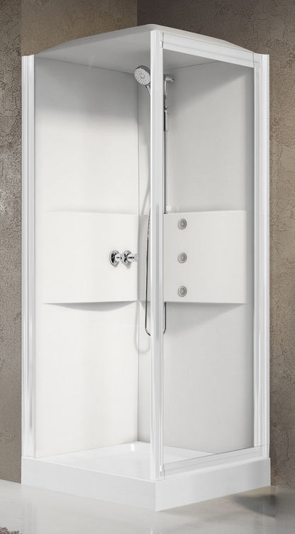 Novellini Media 2.0 GF Idromassaggio Con Tettuccio e Soffione 80x80 cm Cabina Doccia Multifunzione Simmetrica Apertura 1 Anta Battente Con Fisso Laterale Montaggio Angolo Sinistro Destro Miscelatore Termostatico Vetro Trasparente Profilo Bianco Alto 226cm