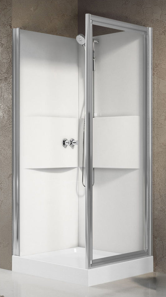 Novellini Media 2.0 GF Standard 80x80 cm Cabina Doccia Multifunzione Simmetrica Apertura 1 Anta Battente Con 1 Fisso Laterale Installazione Angolo Destro Sinistro Miscelatore Termostatico Vetro Trasparente Profilo Silver Piatto Ripiani Doccetta Alto 210cm