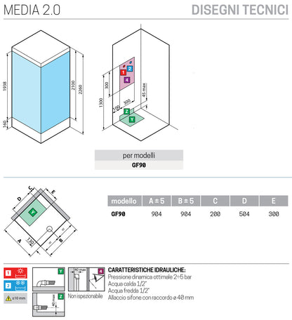 Novellini Media 2.0 GF Idromassaggio Con Tettuccio e Soffione 90x90 cm Cabina Doccia Multifunzione Simmetrica Apertura 1 Anta Battente Con Fisso Laterale Montaggio Angolo Sinistro Destro Miscelatore Meccanico Vetro Trasparente Profilo Silver Altezza 226cm