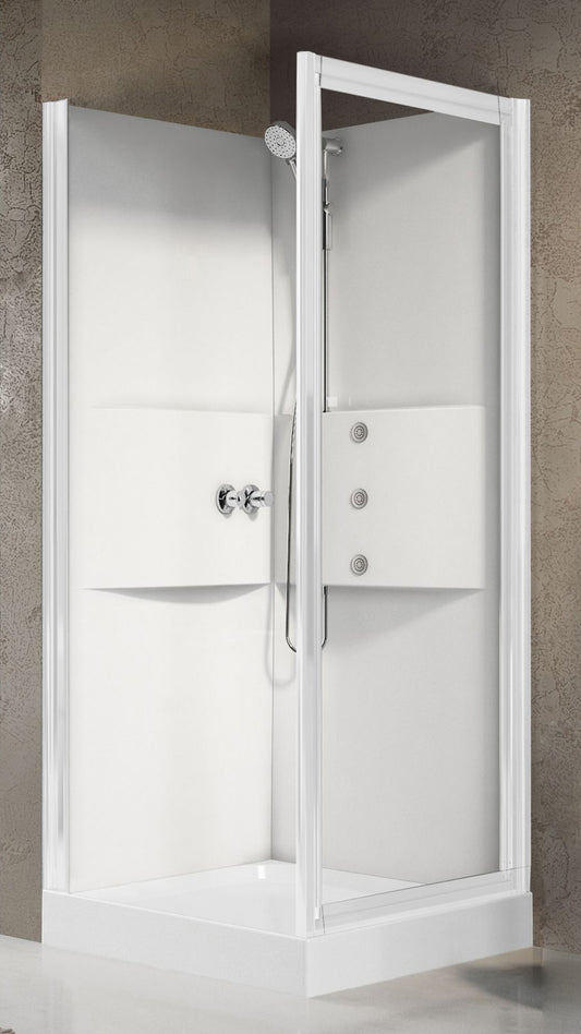 Novellini Media 2.0 GF Idromassaggio 90x90 cm Cabina Doccia Multifunzione Simmetrica Apertura 1 Anta Battente Con Fisso Laterale Installazione Angolo Destro Sinistro Miscelatore Meccanico Vetro Trasparente Profilo Bianco Piatto Ripiani Idro Altezza 210 cm
