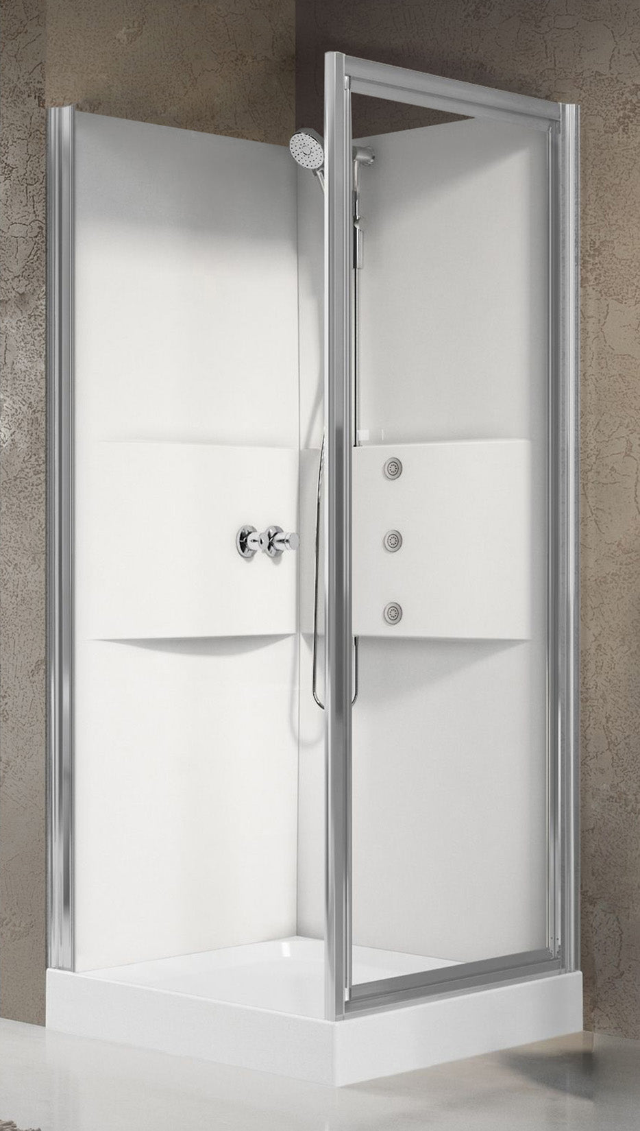 Novellini Media 2.0 GF Idromassaggio 90x90 cm Cabina Doccia Multifunzione Simmetrica Apertura 1 Anta Battente Con Fisso Laterale Installazione Angolo Destro Sinistro Miscelatore Meccanico Vetro Trasparente Profilo Silver Piatto Ripiani Idro Altezza 210 cm