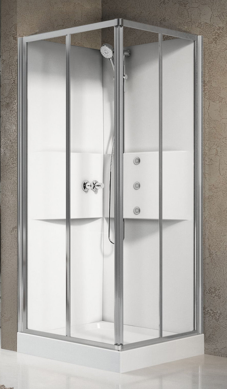 Novellini Media 2.0 A Idromassaggio 80x80 cm Cabina Doccia Multifunzione Simmetrica Quadrata Apertura 2 Ante Scorrevoli 2 Fisse Installazione Angolo Destro Sinistro Miscelatore Meccanico Vetro Trasparente Profilo Silver Piatto Ripiani Idro Altezza 210 cm