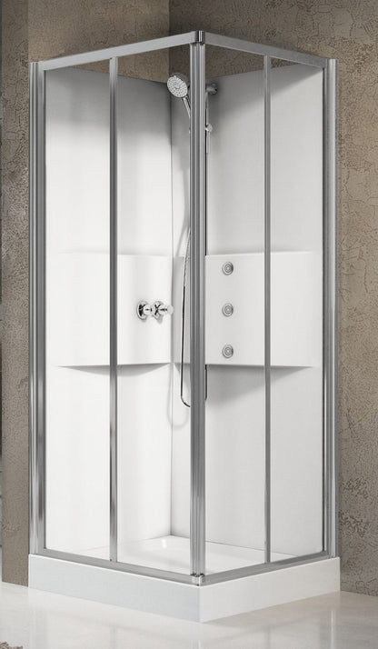 Novellini Media 2.0 A Idromassaggio 80x80 cm Cabina Doccia Multifunzione Simmetrica Quadrata Apertura 2 Ante Scorrevoli 2 Fisse Installazione Angolo Destro Sinistro Miscelatore Termostatico Vetro Trasparente Profilo Silver Piatto Ripiani Idro Alto 210 cm
