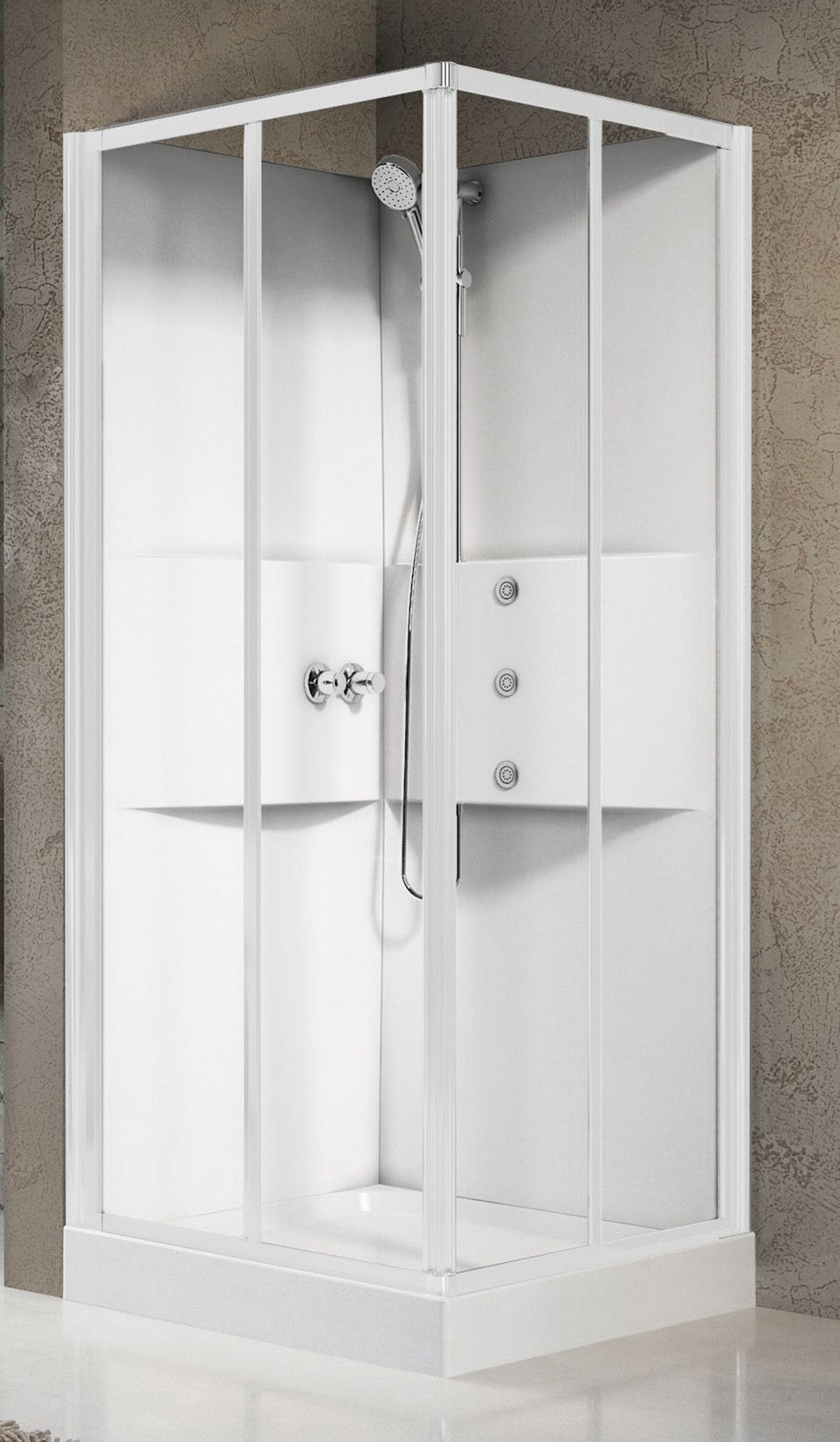 Novellini Media 2.0 A Idromassaggio 90x90 cm Cabina Doccia Multifunzione Simmetrica Quadrata Apertura 2 Ante Scorrevoli 2 Fisse Installazione Angolo Destro Sinistro Miscelatore Meccanico Vetro Trasparente Profilo Bianco Piatto Ripiani Idro Altezza 210 cm