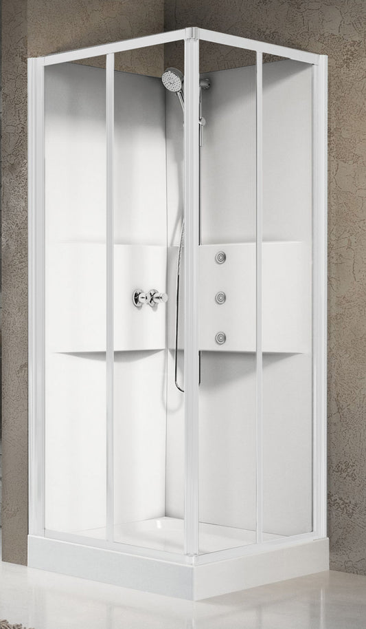 Novellini Media 2.0 A Idromassaggio 90x90 cm Cabina Doccia Multifunzione Simmetrica Quadrata Apertura 2 Ante Scorrevoli 2 Fisse Installazione Angolo Destro Sinistro Miscelatore Meccanico Vetro Trasparente Profilo Bianco Piatto Ripiani Idro Altezza 210 cm