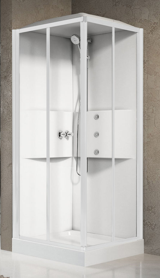 Novellini Media 2.0 A Idromassaggio Con Tettuccio e Soffione 80x80 cm Cabina Doccia Multifunzione Simmetrica Quadrata Apertura 2 Ante Scorrevoli 2 Fisse Montaggio Angolo Sinistro Destro Miscelatore Meccanico Vetro Trasparente Profilo Bianco Altezza 226 cm