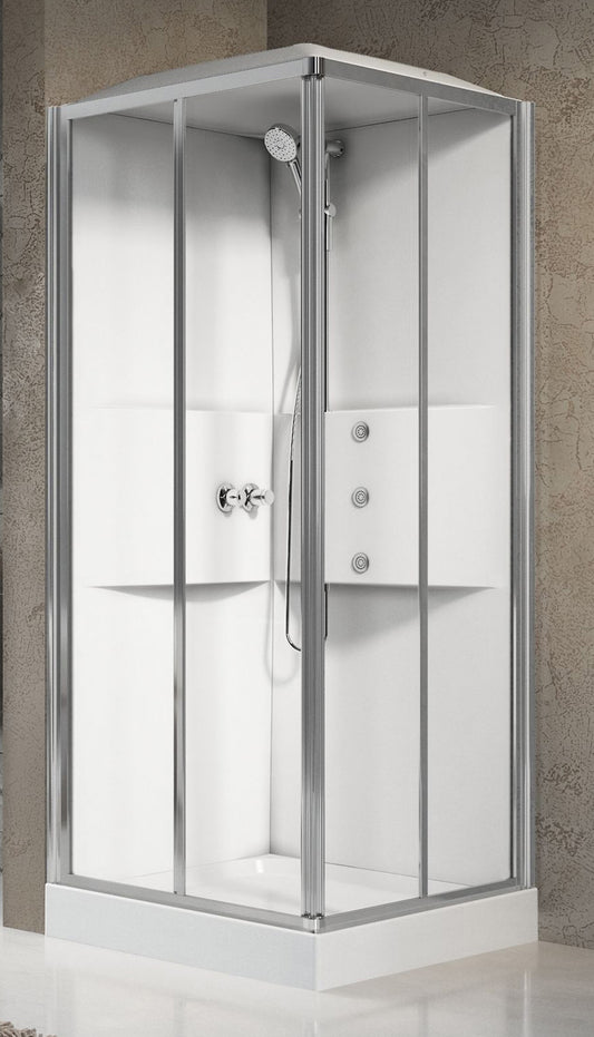 Novellini Media 2.0 A Idromassaggio Con Tettuccio e Soffione 90x90 cm Cabina Doccia Multifunzione Simmetrica Quadrata Apertura 2 Ante Scorrevoli 2 Fisse Montaggio Angolo Sinistro Destro Miscelatore Meccanico Vetro Trasparente Profilo Silver Altezza 226 cm