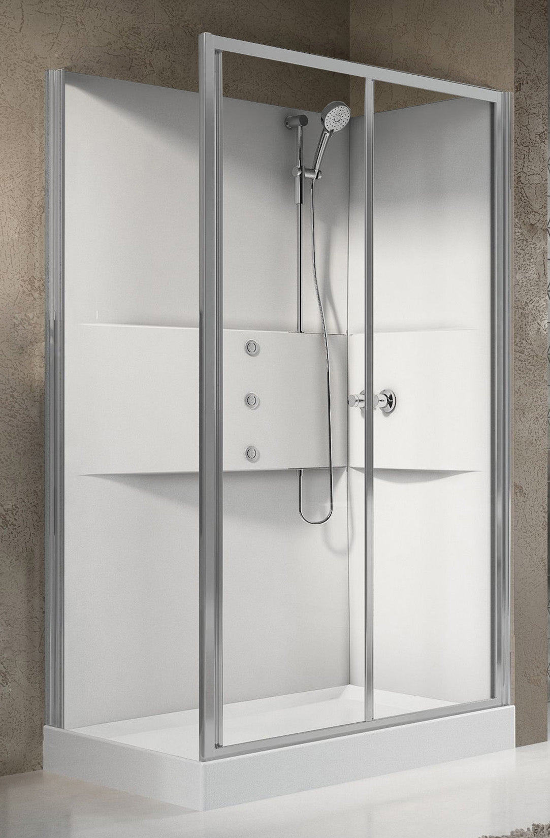 Novellini Media 2.0 2P Idromassaggio 120x80 cm Cabina Doccia Multifunzione Asimmetrica Apertura 1 Anta Scorrevole 1 Fissa Linea 1 Laterale Installazione Reversibile Miscelatore Termostatico Vetro Trasparente Profilo Silver Piatto Ripiani Idro Alto 210 cm