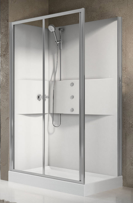 Novellini Media 2.0 2P Idromassaggio 120x80 cm Cabina Doccia Multifunzione Asimmetrica Apertura 1 Anta Scorrevole 1 Fissa Linea 1 Laterale Installazione Reversibile Miscelatore Termostatico Vetro Trasparente Profilo Silver Piatto Ripiani Idro Alto 210 cm