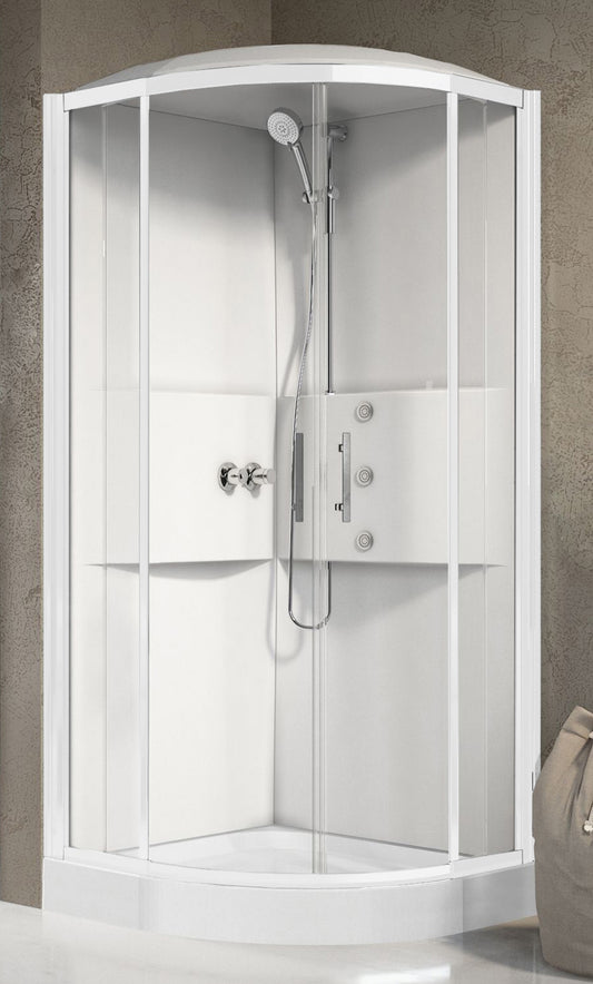 Novellini Media 2.0 R Idromassaggio Con Tettuccio e Soffione 90x90 cm Cabina Doccia Multifunzione Simmetrica Tonda Apertura 2 Ante Scorrevoli 2 Fisse Montaggio Angolo Sinistro Destro Miscelatore Termostatico Vetro Trasparente Profilo Bianco Altezza 226 cm