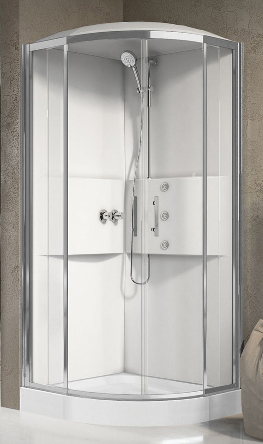 Novellini Media 2.0 R Idromassaggio Con Tettuccio e Soffione 90x90 cm Cabina Doccia Multifunzione Simmetrica Tonda Apertura 2 Ante Scorrevoli 2 Fisse Montaggio Angolo Sinistro Destro Miscelatore Termostatico Vetro Trasparente Profilo Silver Altezza 226 cm